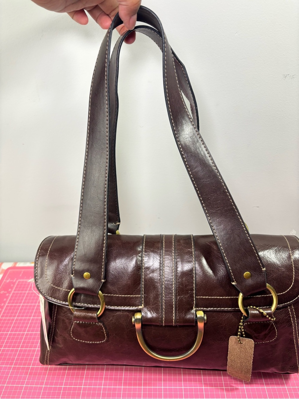 Vintage Y2K APT9 Womens Brown Leather Shoulder Bag Purse Handbag Dbl Handle Tote - Picture 6 of 16
